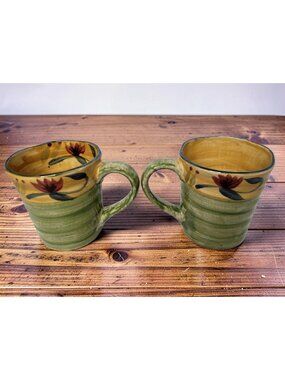 Vintage Pair of Pier-1 Elizabeth Hand Painted Stoneware Mug
